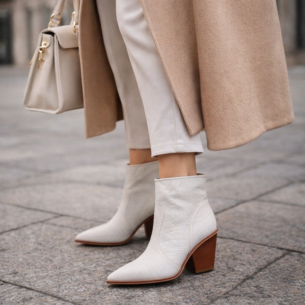 Franco Sarto White Embossed Leather Ankle Booties Brand New Minimalist Booties
